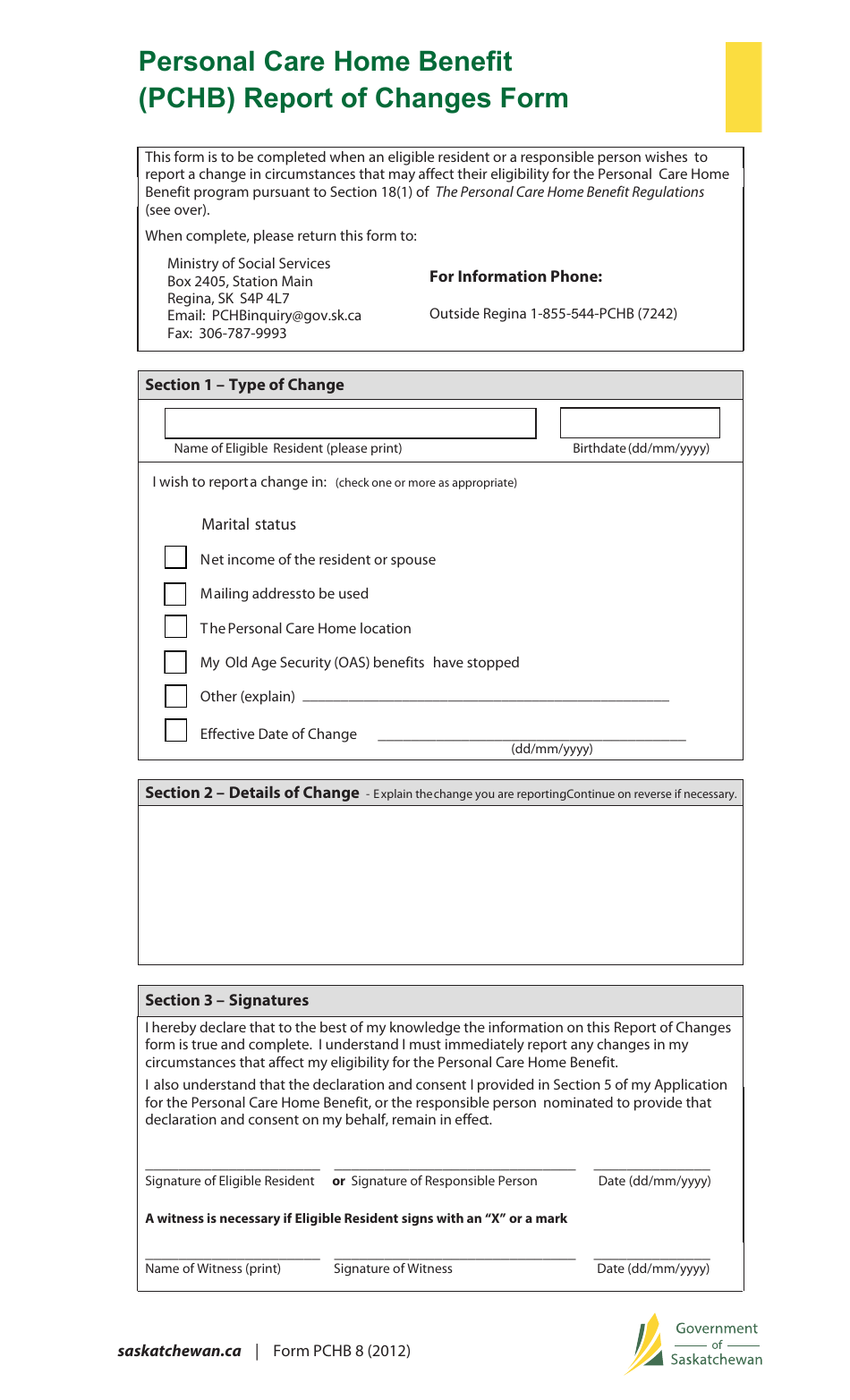 Form PCHB8 Personal Care Home Benefit (Pchb) Report of Changes Form - Saskatchewan, Canada, Page 1