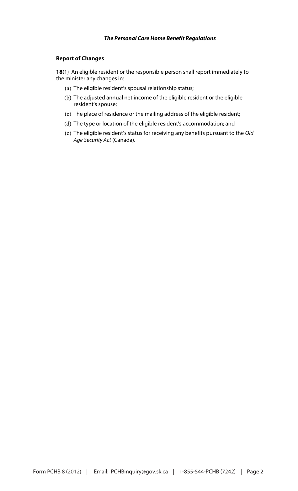 Form PCHB8 Personal Care Home Benefit (Pchb) Report of Changes Form - Saskatchewan, Canada, Page 2