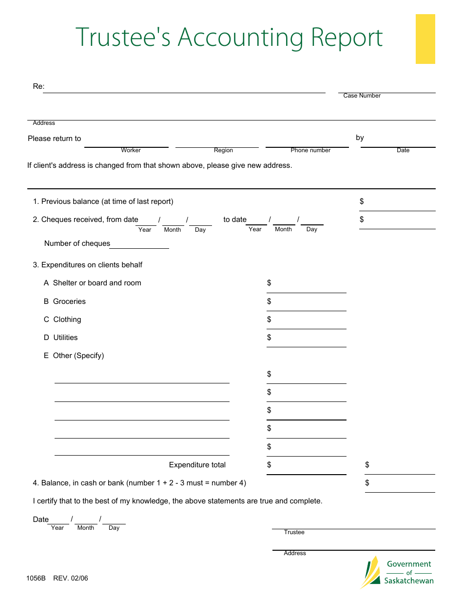 Form 1056B Trustees Accounting Report - Saskatchewan, Canada, Page 1