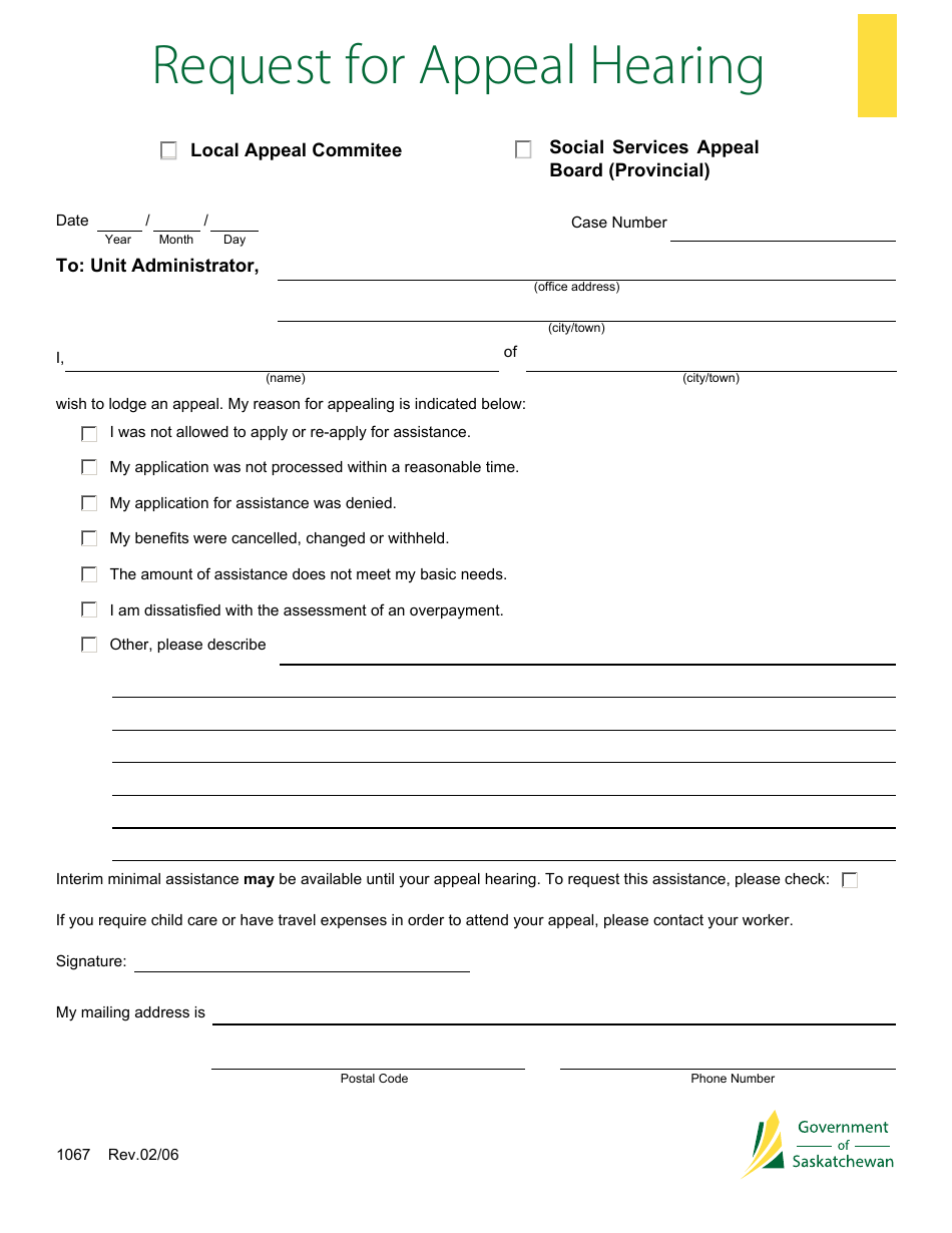 Form 1067 Download Fillable PDF or Fill Online Request for Appeal