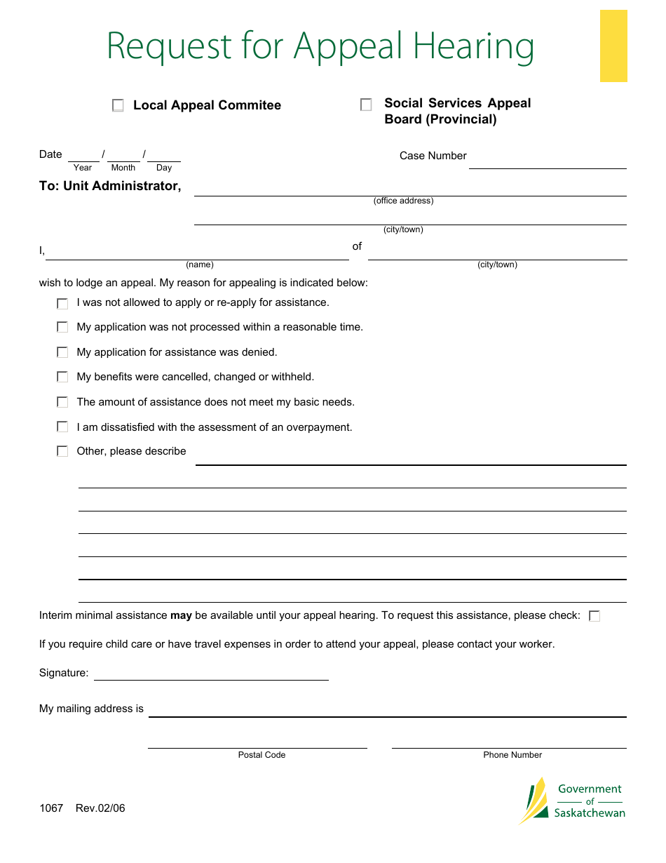 Form 1067 Request for Appeal Hearing - Saskatchewan, Canada, Page 1