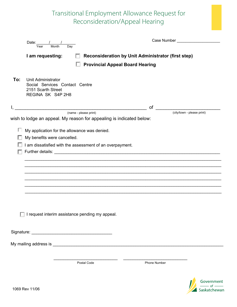 Form 1069 Transitional Employment Allowance Request for Reconsideration/Appeal Hearing - Saskatchewan, Canada, Page 1