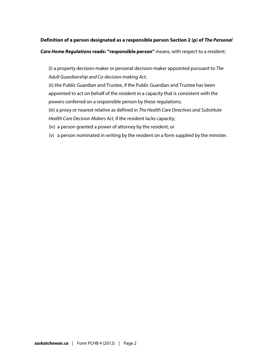 Form PCHB4 Personal Care Home Benefit (Pchb) Responsible Person Consent Form - Saskatchewan, Canada, Page 2
