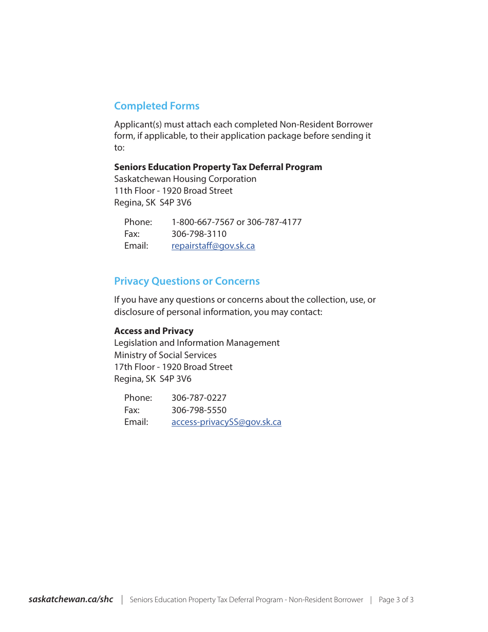 Seniors Education Property Tax Deferral Program Non-resident Borrower Form - Saskatchewan, Canada, Page 3