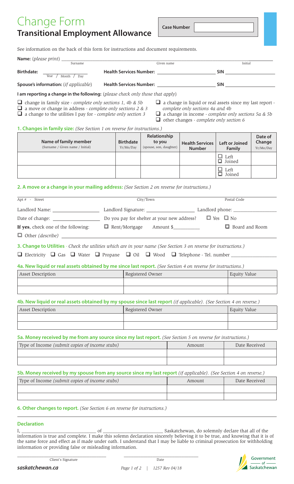 Form 1257 Transitional Employment Allowance Change Form - Saskatchewan, Canada, Page 1