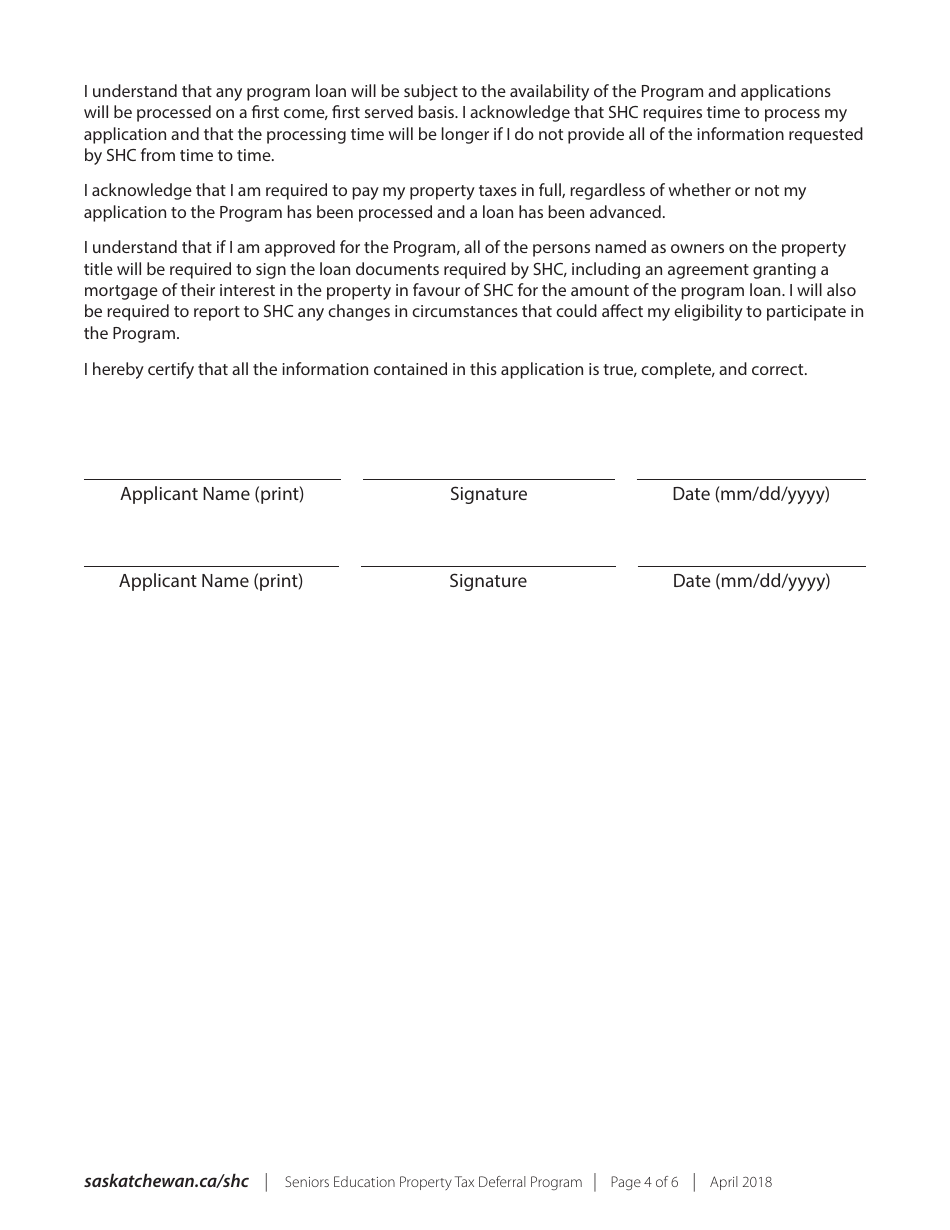 Seniors Education Property Tax Deferral Program Application Form - Saskatchewan, Canada, Page 4