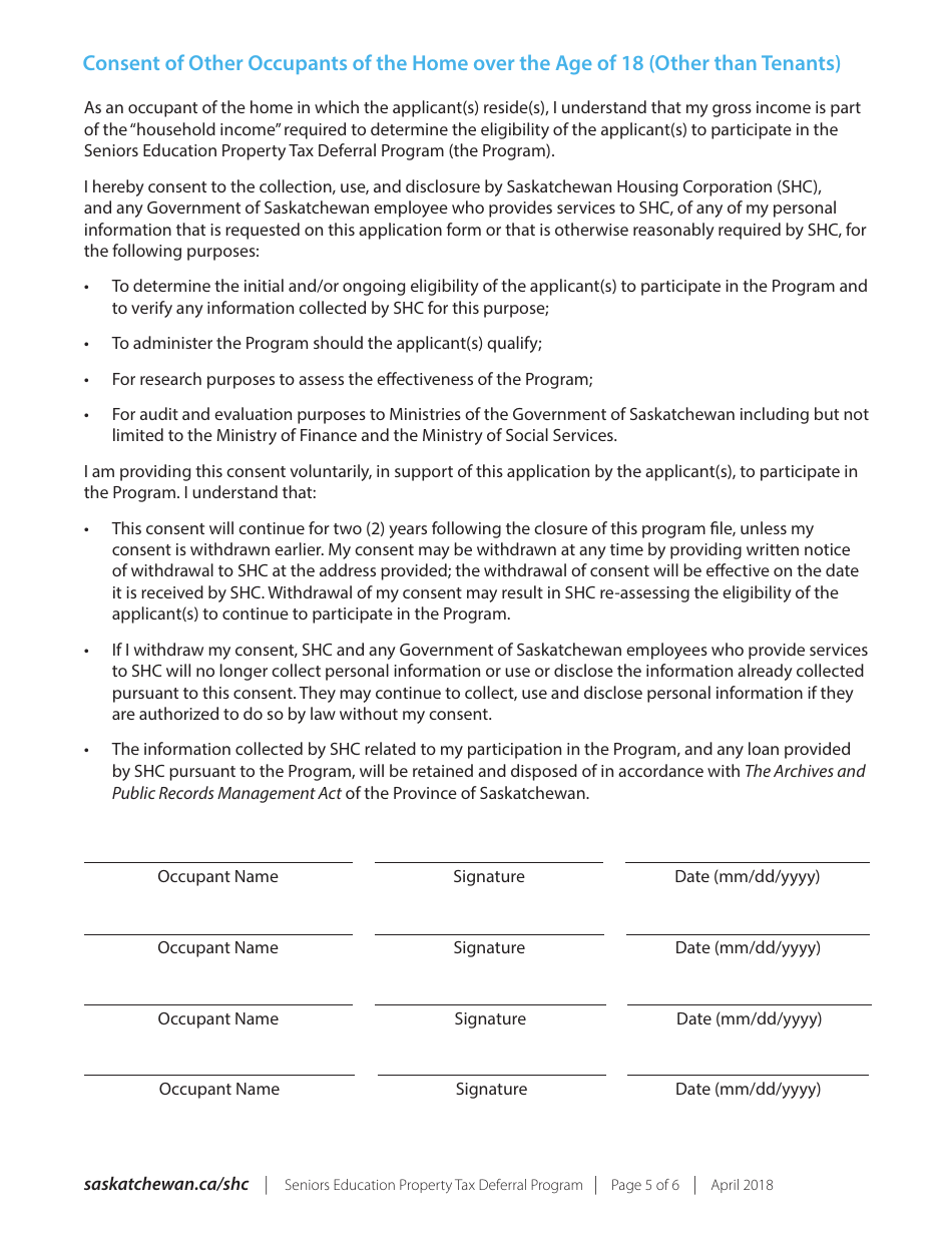 Saskatchewan Canada Seniors Education Property Tax Deferral Program