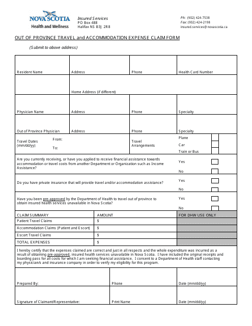 Out of Province Travel and Accommodation Expense Claim Form - Nova Scotia, Canada Download Pdf