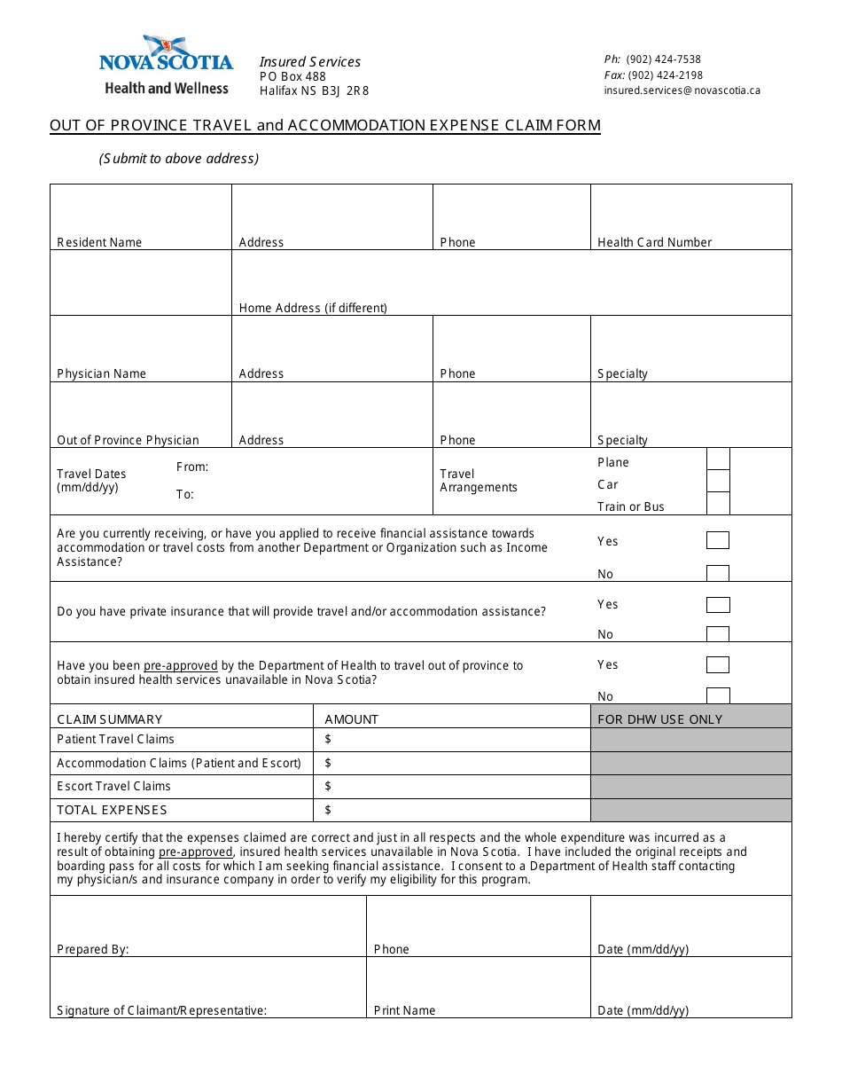 Out of Province Travel and Accommodation Expense Claim Form - Nova Scotia, Canada, Page 1