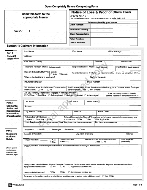 Form NS-1 Notice of Loss & Proof of Claim Form - Nova Scotia, Canada