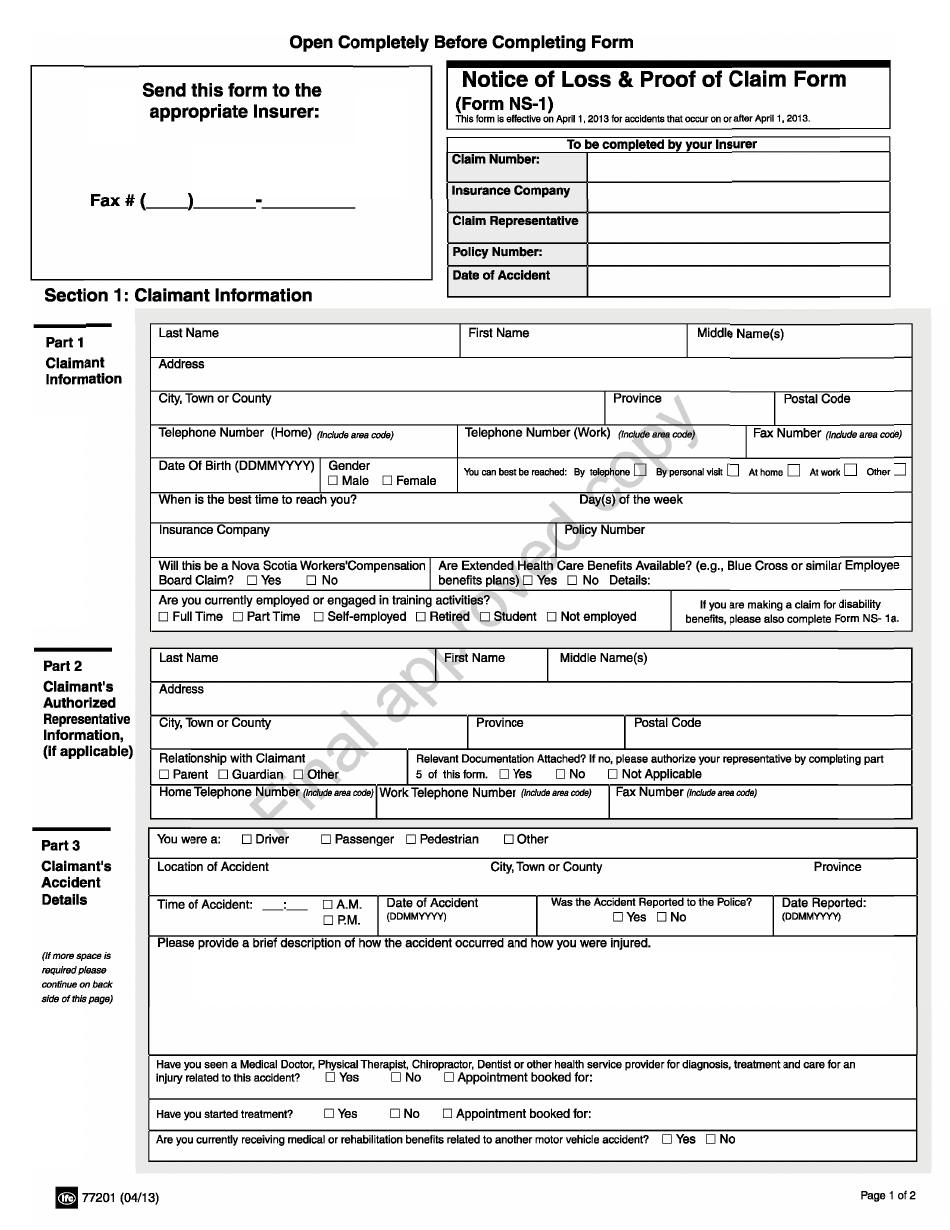 Form NS-1 Notice of Loss  Proof of Claim Form - Nova Scotia, Canada, Page 1