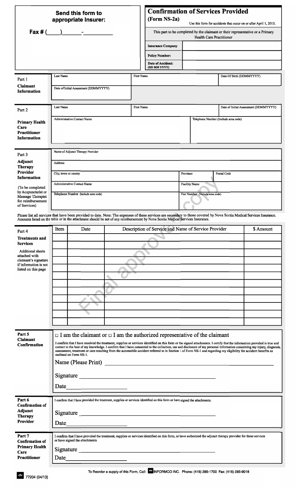 Form NS-2A Confirmation of Services Provided - Nova Scotia, Canada, Page 1