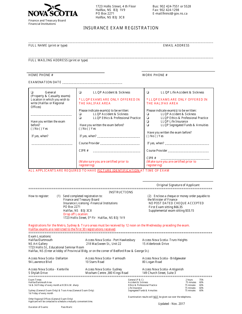 Insurance Exam Registration Form - Nova Scotia, Canada, Page 1