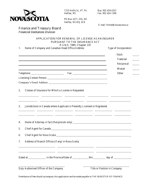 Application for Renewal of License as an Insurer. Pursuant to the Insurance Act. R.s.n.s. 1989 - Nova Scotia, Canada Download Pdf