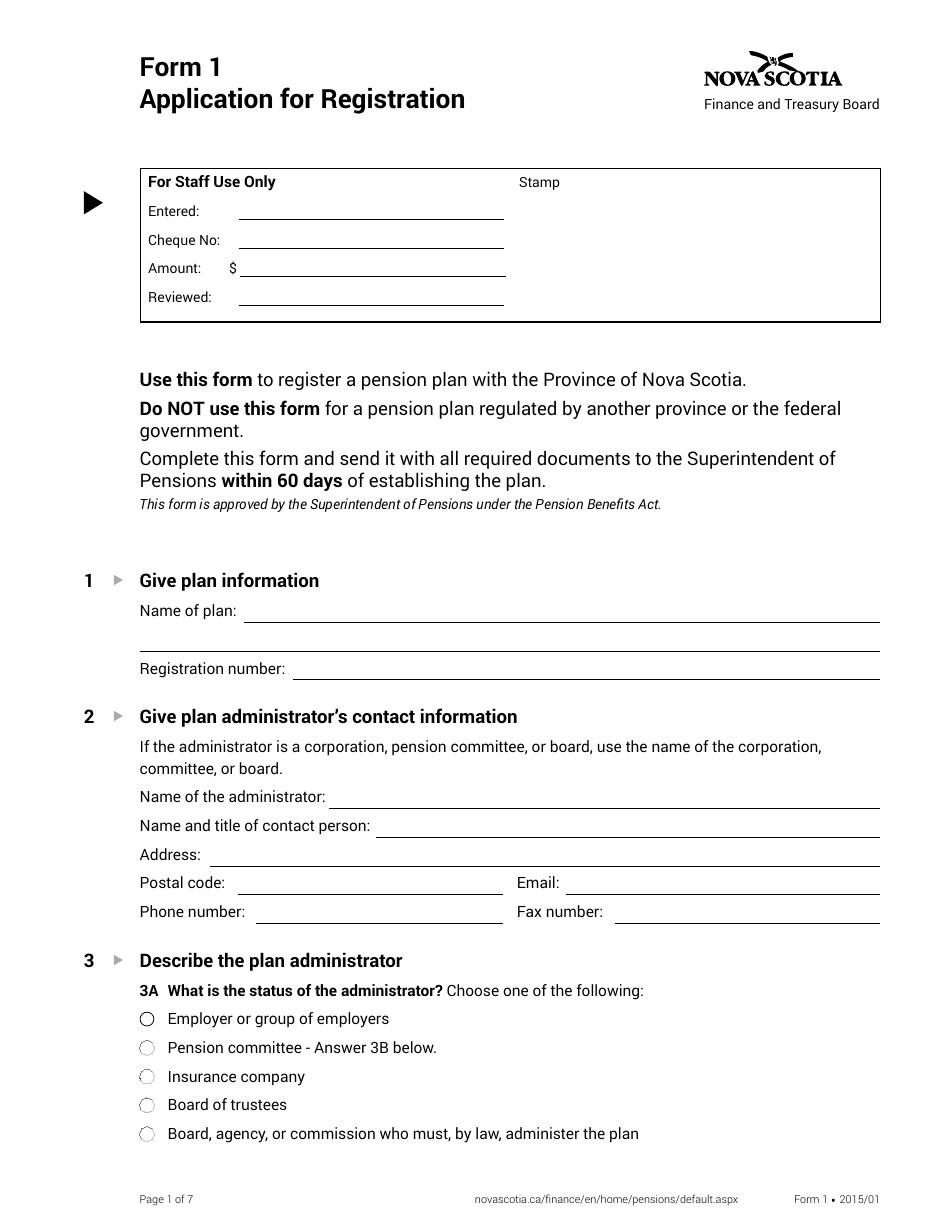 Form 1 Application for Registration - Nova Scotia, Canada, Page 1