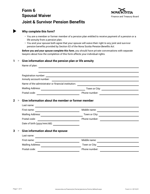 Form 6 Spousal Waiver Joint & Survivor Pension Benefits - Nova Scotia, Canada