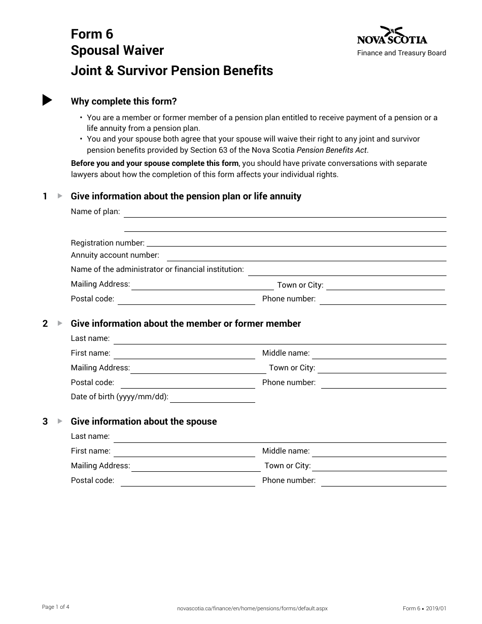 Form 6 Spousal Waiver Joint  Survivor Pension Benefits - Nova Scotia, Canada, Page 1