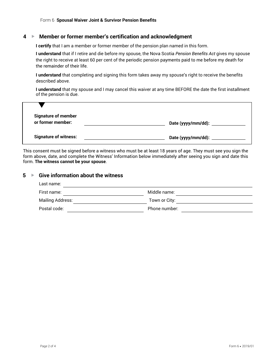 Form 6 Spousal Waiver Joint  Survivor Pension Benefits - Nova Scotia, Canada, Page 2