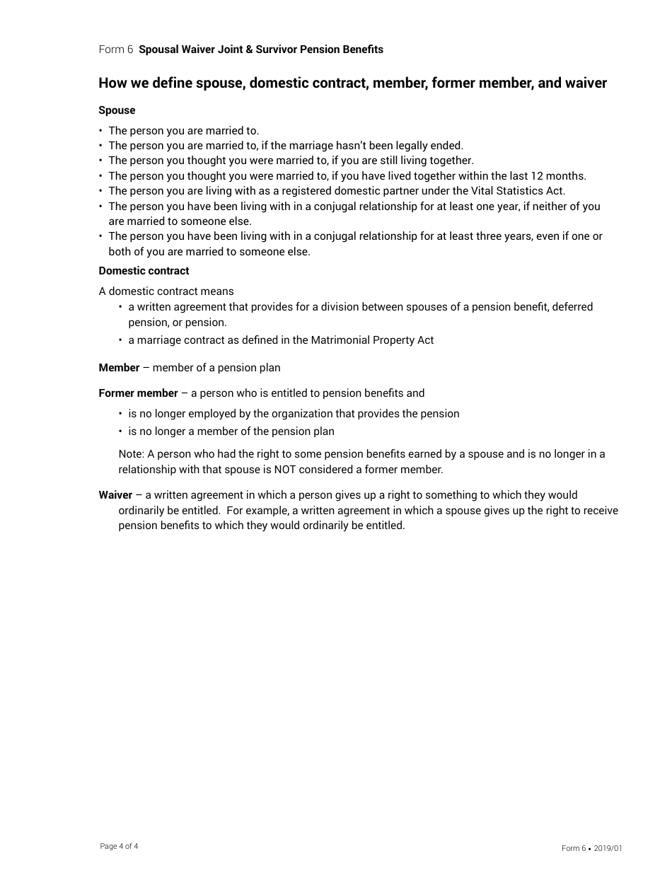Form 6 Spousal Waiver Joint  Survivor Pension Benefits - Nova Scotia, Canada, Page 4