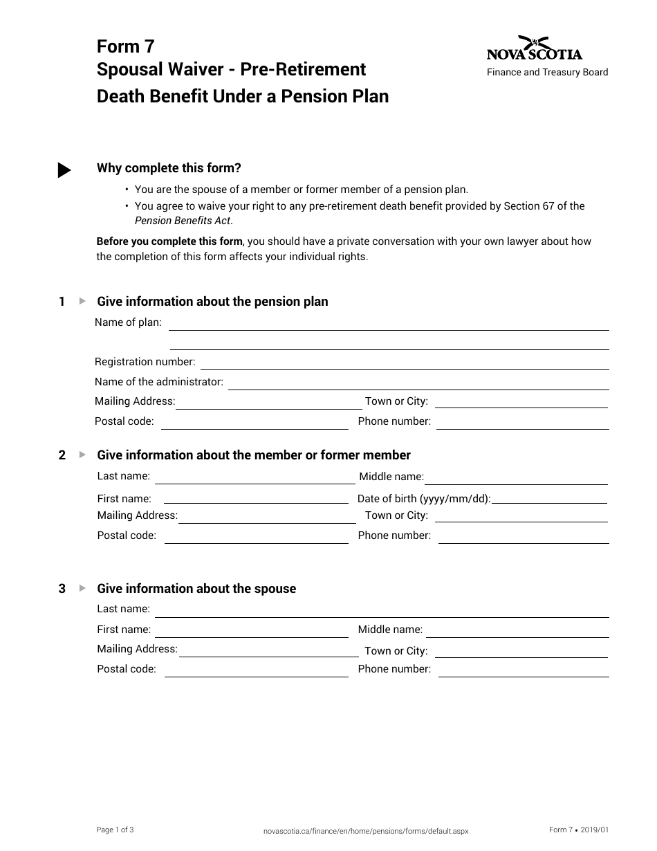 Form 7 Spousal Waiver - Pre-retirement Death Benefit Under a Pension Plan - Nova Scotia, Canada, Page 1