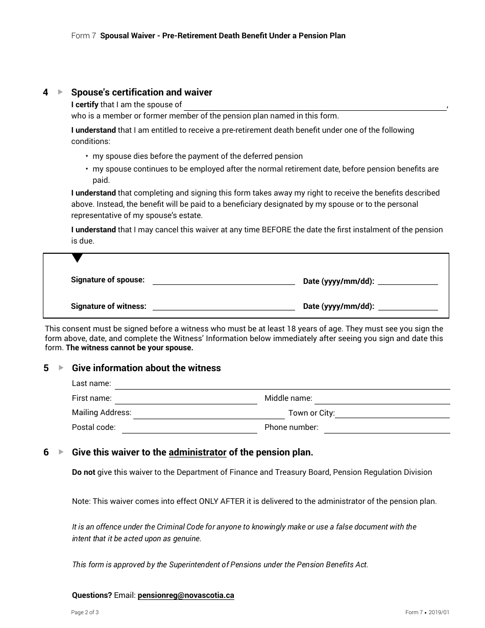 Form 7 Spousal Waiver - Pre-retirement Death Benefit Under a Pension Plan - Nova Scotia, Canada, Page 2