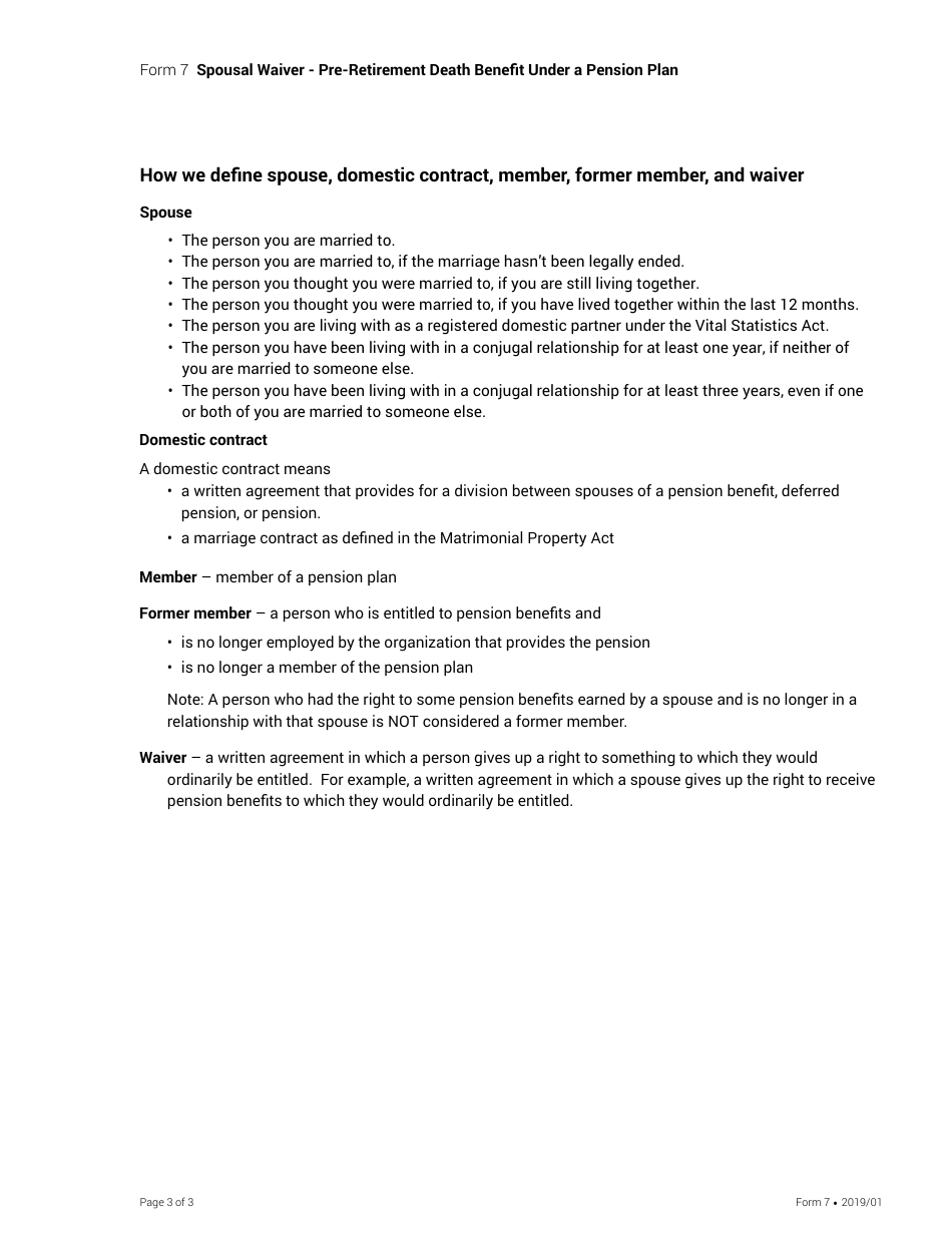 Form 7 Spousal Waiver - Pre-retirement Death Benefit Under a Pension Plan - Nova Scotia, Canada, Page 3
