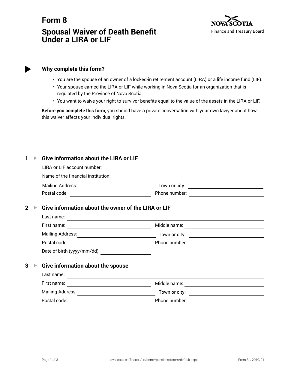 Form 8 Spousal Waiver of Death Benefit Under a Lira or Lif - Nova Scotia, Canada, Page 1