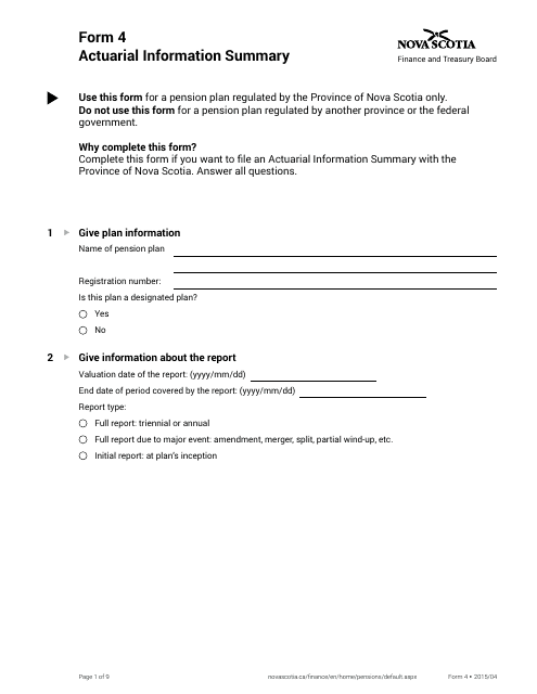 Form 4 Actuarial Information Summary - Nova Scotia, Canada