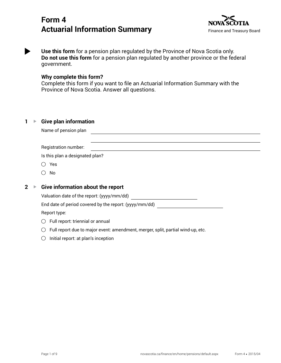 Form 4 Actuarial Information Summary - Nova Scotia, Canada, Page 1
