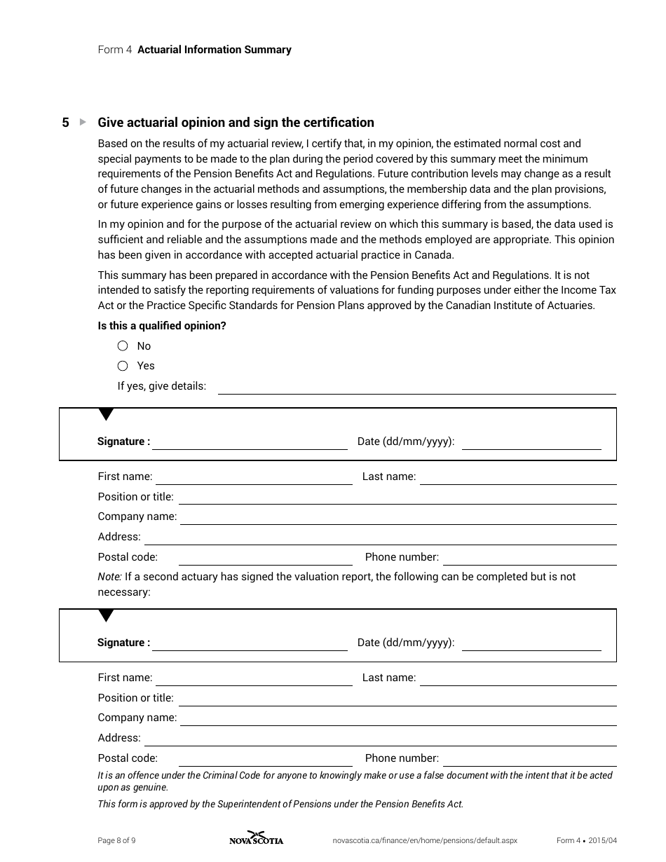 Form 4 Actuarial Information Summary - Nova Scotia, Canada, Page 8