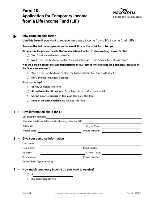 Form 10 Application for Temporary Income From a Life Income Fund (Lif) - Nova Scotia, Canada