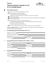 Form 9 &quot;Spousal Consent to Transfer to a Lif or to a Variable Benefit&quot; - Nova Scotia, Canada