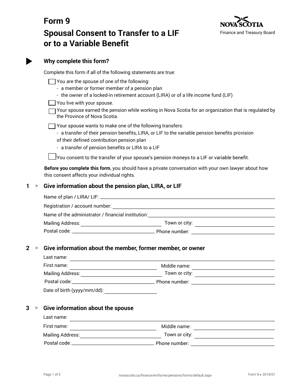 Form 9 Spousal Consent to Transfer to a Lif or to a Variable Benefit - Nova Scotia, Canada, Page 1