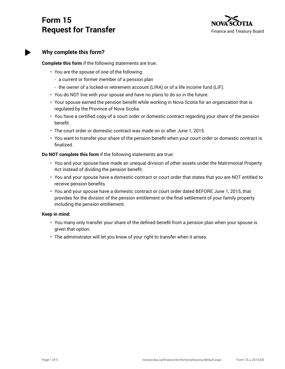 Form 15 Request for Transfer - Nova Scotia, Canada, Page 1