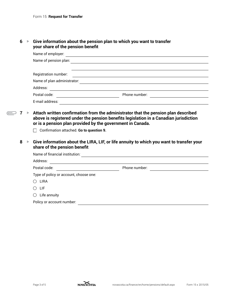 Form 15 Request for Transfer - Nova Scotia, Canada, Page 3