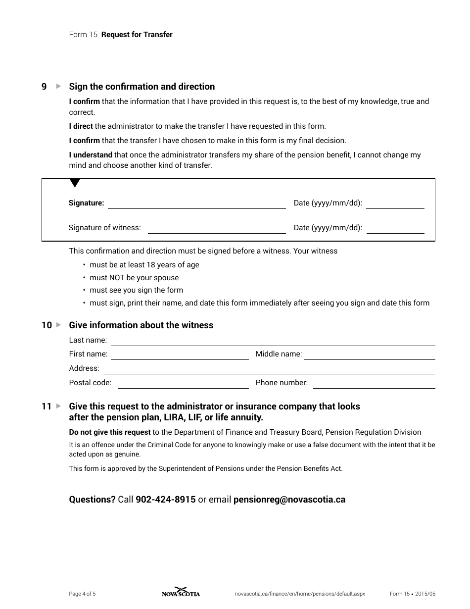 Form 15 Request for Transfer - Nova Scotia, Canada, Page 4