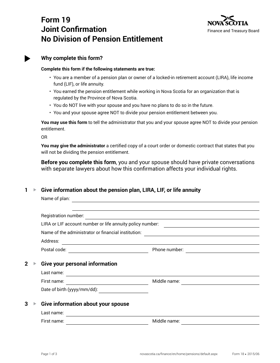 Form 19 Joint Confirmation - Nova Scotia, Canada, Page 1