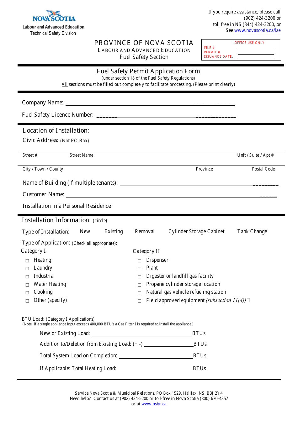 Fuel Safety Permit Application Form - Nova Scotia, Canada, Page 1