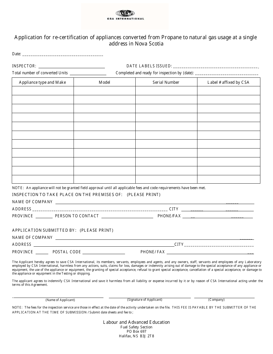 Application for Re-certification of Appliances Converted From Propane to Natural Gas Usage at a Single Address in Nova Scotia - Nova Scotia, Canada, Page 1