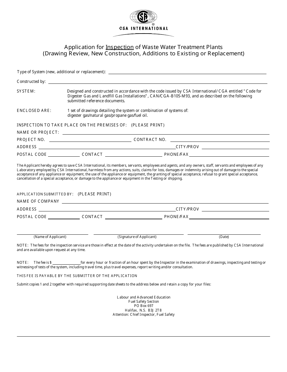 Nova Scotia Canada Application for Inspection of Waste Water Treatment