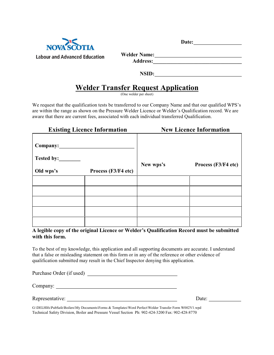 Welder Transfer Request Application - Nova Scotia, Canada, Page 1