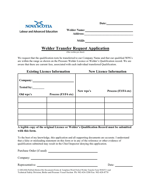 Welder Transfer Request Application - Nova Scotia, Canada