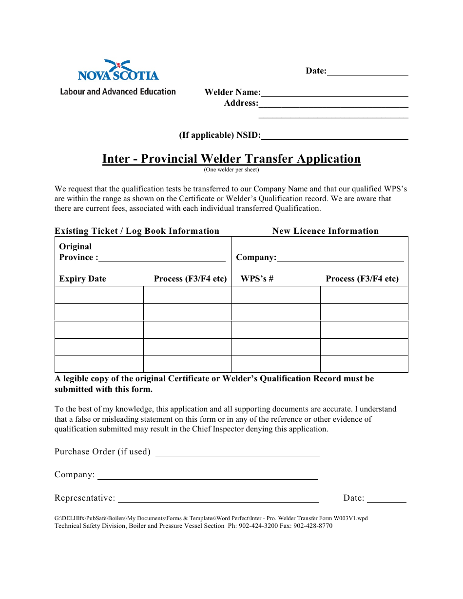 Inter-Provincial Welder Transfer Application - Nova Scotia, Canada, Page 1