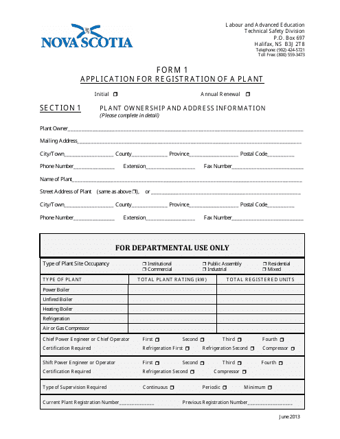 Form 1 Application for Registration of a Plant - Nova Scotia, Canada
