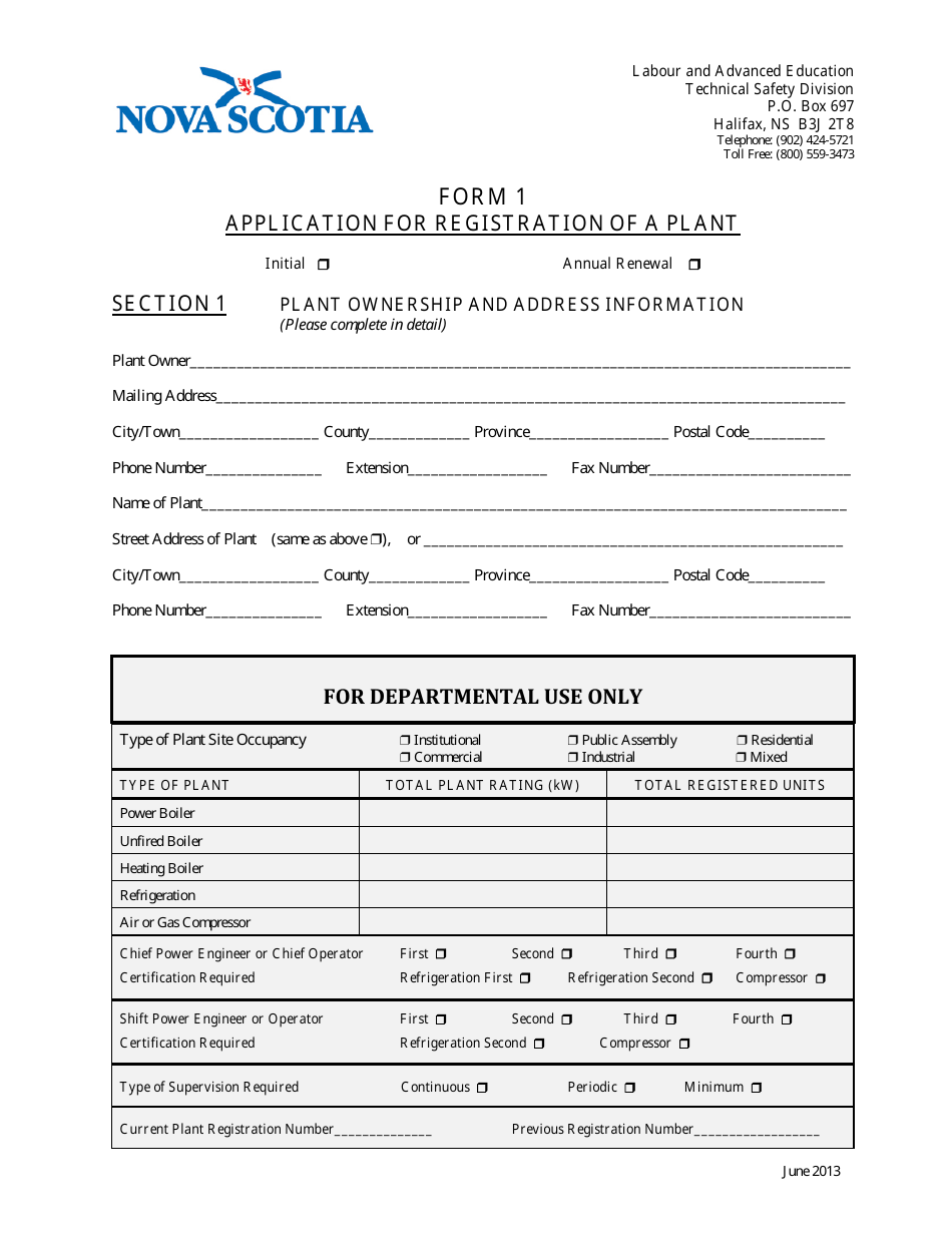 Form 1 Application for Registration of a Plant - Nova Scotia, Canada, Page 1