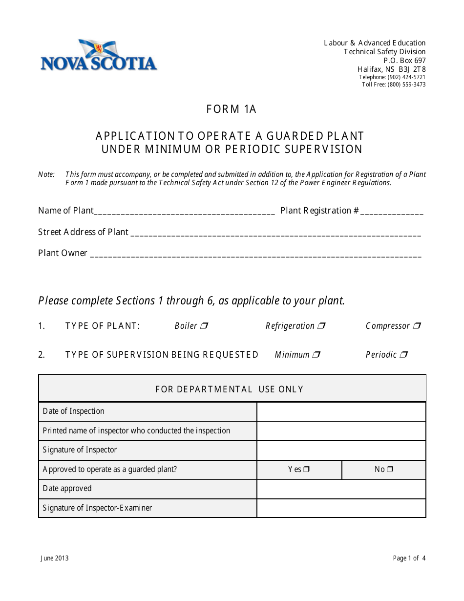 Form 1A Application to Operate a Guarded Plant Under Minimum or Periodic Supervision - Nova Scotia, Canada, Page 1