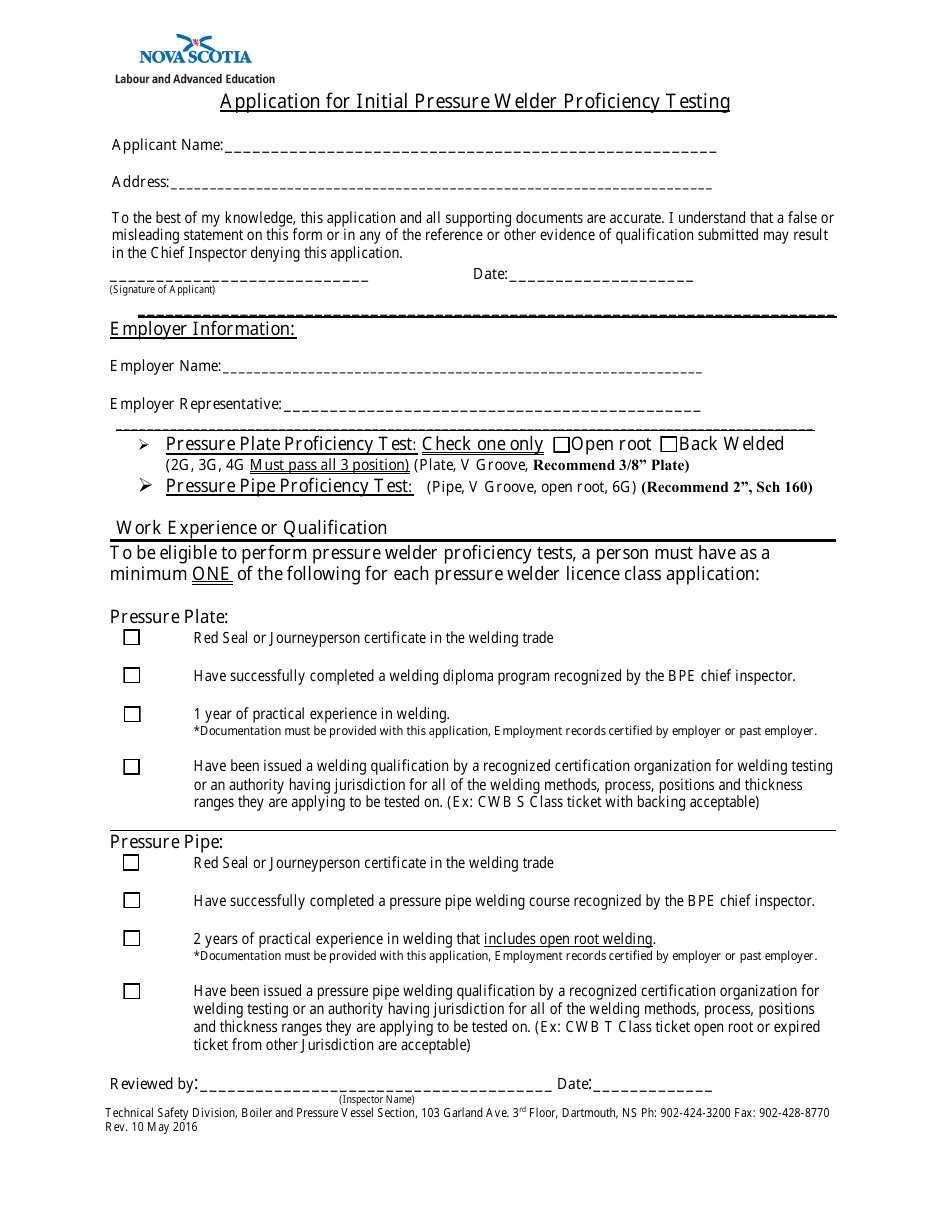 Application for Initial Pressure Welder Proficiency Testing - Nova Scotia, Canada, Page 1