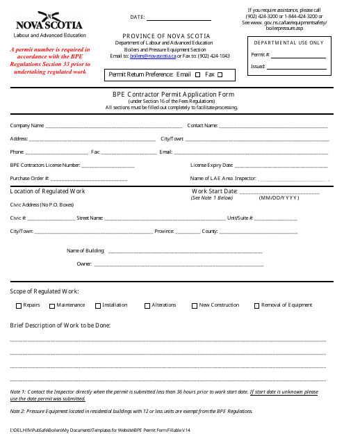 Bpe Contractor Permit Application Form - Nova Scotia, Canada