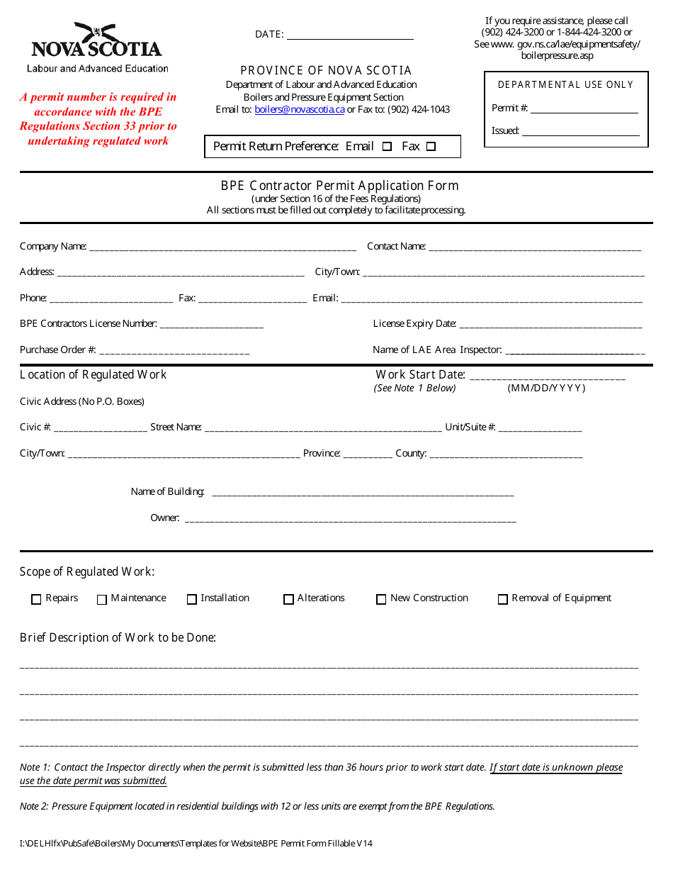 Bpe Contractor Permit Application Form - Nova Scotia, Canada, Page 1