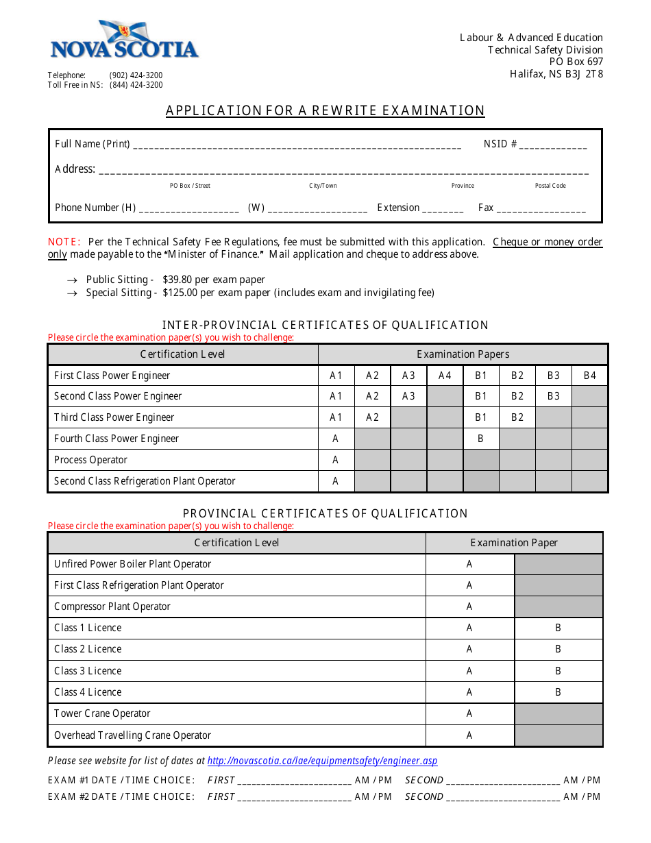 Application for a Rewrite Examination - Nova Scotia, Canada, Page 1